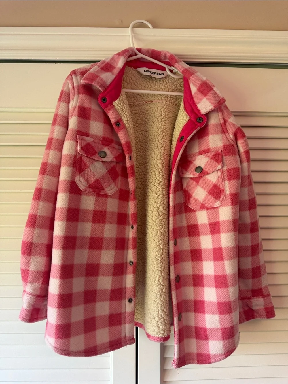 Lands' End Pink & White Buffalo-Check Sherpa Jacket